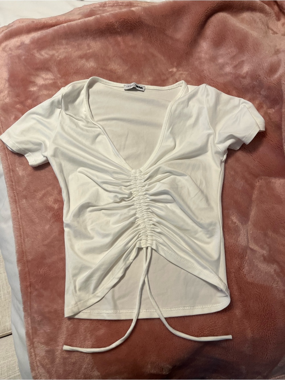 Fashion Nova White Ruched Drawstring V‑Neck Crop Top